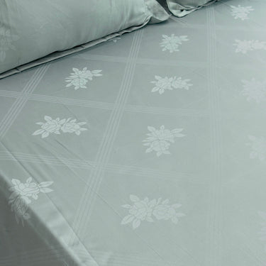 Pastel Green Jacquard Floral Cotton Bedsheet Set | focus view