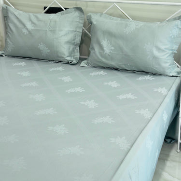 Pastel Green Jacquard Floral Cotton Bedsheet Set | full view