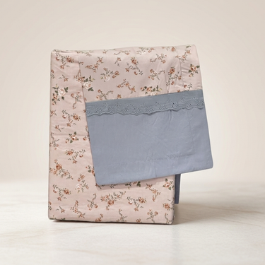 Peach Blue Rose Soft Cotton Feel Double Bed Bedsheet Set with Lace Detailed Pillow Covers (250 x 270 cm) | studio front view