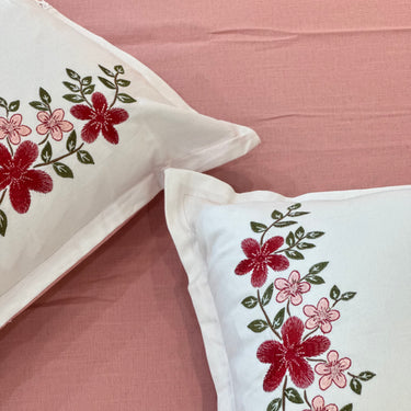 Peach Embroidered Pure Cotton Linen Bedsheet | 110 X 110 | embroidery view