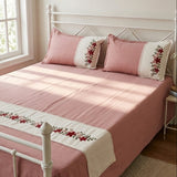Peach Embroidered Pure Cotton Linen Bedsheet | 110 X 110 | full view