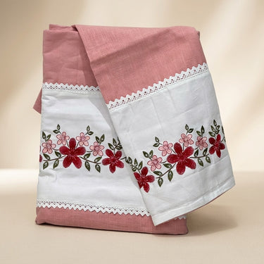 Peach Embroidered Pure Cotton Linen Bedsheet | 110 X 110 | studio front view