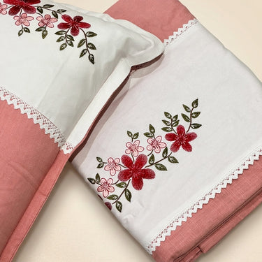 Peach Embroidered Pure Cotton Linen Bedsheet | 110 X 110 | studio top view