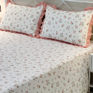 Peach Rose Soft Cotton Feel Double Bed Bedsheet Set with Lace Detailed Pillow Covers (250 x 270 cm) | full sheet view