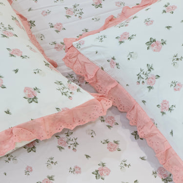 Peach Rose Soft Cotton Feel Double Bed Bedsheet Set with Lace Detailed Pillow Covers (250 x 270 cm) |top view