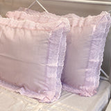 Pink Cotton Pillow Cover with Lace Frills | side view