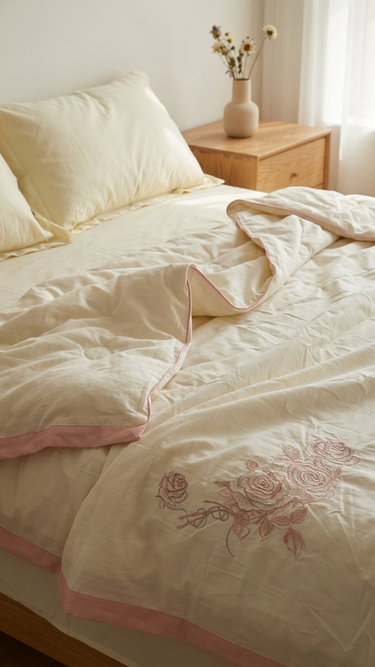 Pink Cream Reversible Embroidered Comforter | Double | creative view