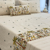 Premium Embroidered Bedcover Set with Palm & Deer Motifs | bottom embroidery view