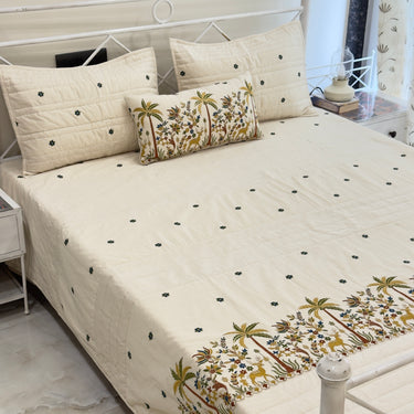 Premium Embroidered Bedcover Set with Palm & Deer Motifs | full view