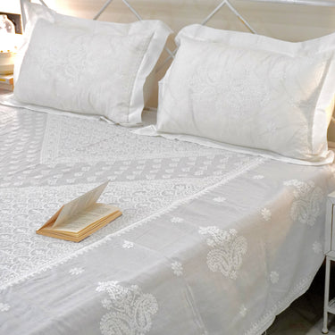 Pure Cotton Chikankari Embroidered Double Bedsheet Set (3 Pieces) with 2 Pillow Covers | full view