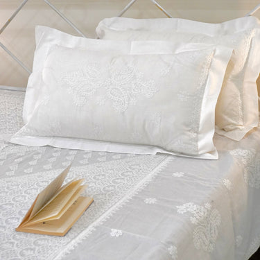 Pure Cotton Chikankari Embroidered Double Bedsheet Set (3 Pieces) with 2 Pillow Covers | side view