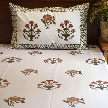 Red Floral HandBlocked 400TC Cotton Bedsheet | King Size | front view