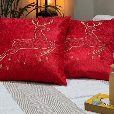 Red Velvet Embroidered Reindeer Cushion – Single Piece Overall view