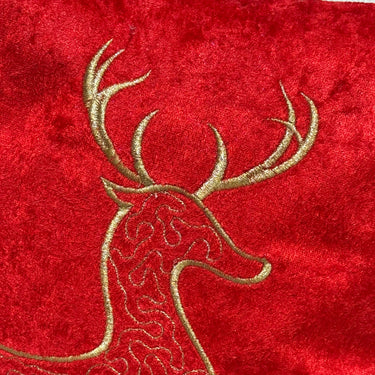 Red Velvet Embroidered Reindeer Cushion – Single Piece closeup view