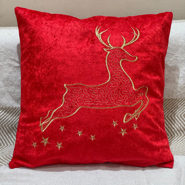 Red Velvet Embroidered Reindeer Cushion – Single Piece focus view