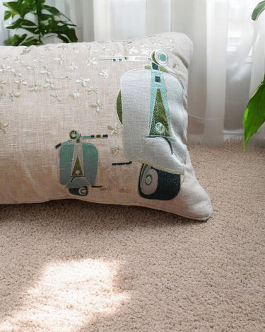 Retro Scooter Embroidered Cushion Cover 12x18 Inch Maeri