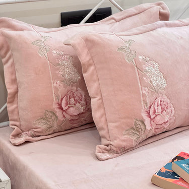 Rose Pink Embroidered Warm Velvet Bedsheet Set | pillow view