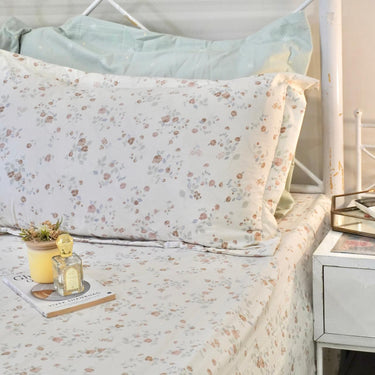 Rose & Soft Green King Size Bedsheet Set (5 Pieces) with 4 Pillow Covers side view