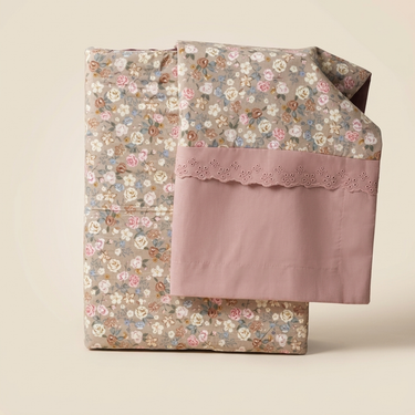 Rosy Floral Soft Cotton Feel Double Bed Bedsheet Set with Lace Detailed Pillow Covers (250 x 270 cm) | studio front view