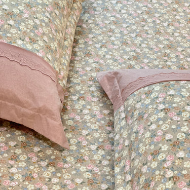 Rosy Floral Soft Cotton Feel Double Bed Bedsheet Set with Lace Detailed Pillow Covers (250 x 270 cm) | top view