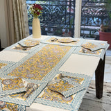 Royal Mughal Floral Handblocked Cotton Table Runner Set | full view