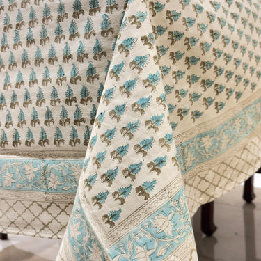 Sea Green Hand Block Cotton Table Cover | Close View