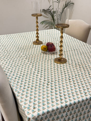Sea Green Hand Block Cotton Table Cover | Overall View