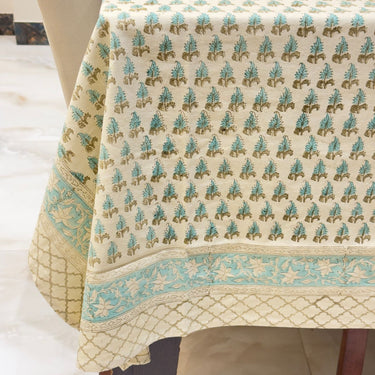 Sea Green Hand Block Cotton Table Cover | Side View