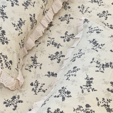 Slate Blossom Soft Cotton Feel Double Bed Bedsheet Set with Lace Detailed Pillow Covers (250 x 270 cm) | focus view