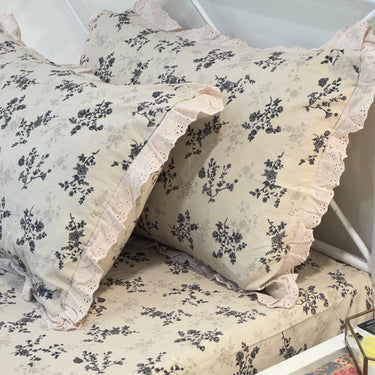 Slate Blossom Soft Cotton Feel Double Bed Bedsheet Set with Lace Detailed Pillow Covers (250 x 270 cm) | pillow view