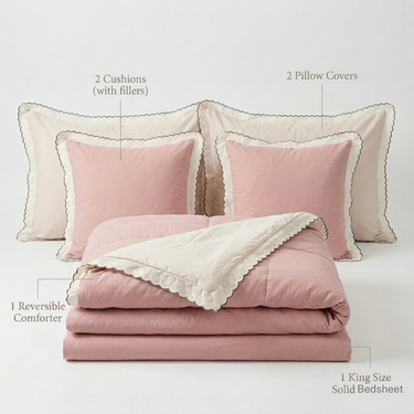 Soft Pink 6 peice Summer Bedding Set with Lace Details | King Size | product explain view