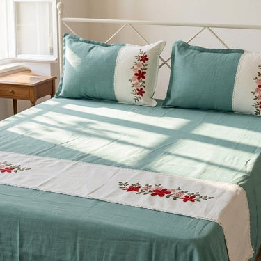 Soft aqua Embroidered Pure Cotton Linen Bedsheet. | 110 X 110 overall view.