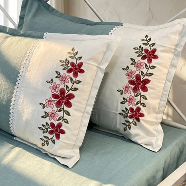 Soft aqua Embroidered Pure Cotton Linen Bedsheet. | 110 X 110 overall view.| side view