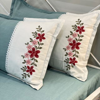 Soft aqua Embroidered Pure Cotton Linen Bedsheet | 110 X 110 Side view