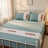 Soft aqua Embroidered Pure Cotton Linen Bedsheet | 110 X 110 | full bedsheet iew