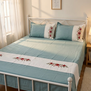 Soft aqua Embroidered Pure Cotton Linen Bedsheet | 110 X 110 | full bedsheet iew