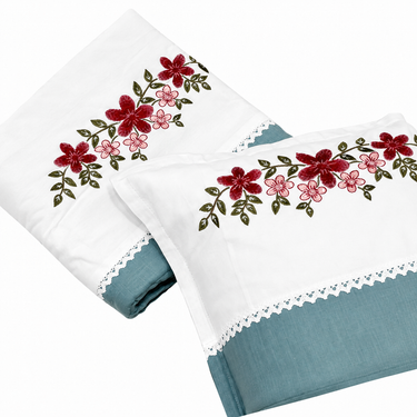 Soft aqua Embroidered Pure Cotton Linen Bedsheet | 110 X 110 studio view