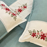 Soft aqua Embroidered Pure Cotton Linen Bedsheet | 110 X 110 top view
