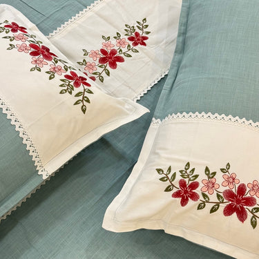Soft aqua Embroidered Pure Cotton Linen Bedsheet | 110 X 110 top view