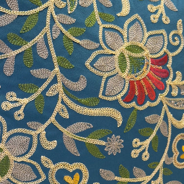 Teal Blue Embroidered Cushion Cover | Close View