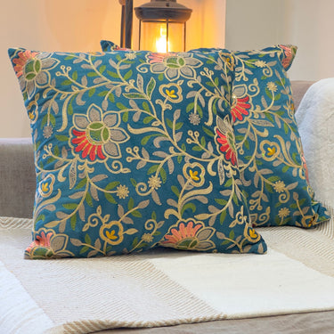Teal Blue Embroidered Cushion Cover | Overall View