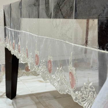 Transparent Table Cover with Embroidered Scallop Frill closeup view