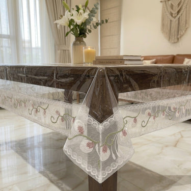 Transparent Table Cover with Leafy Embroidered Frill | 6 Seater | focus side view
