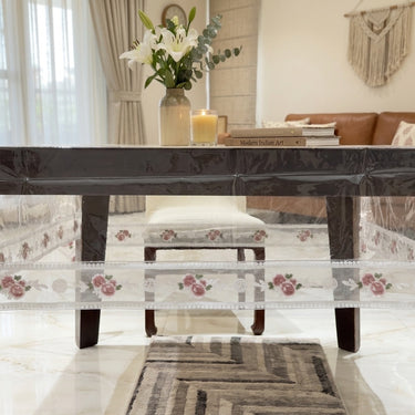 Transparent Table Cover with Rose Embroidered Border | 6 Seater | full view