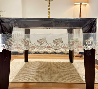 Transparent Table Cover with Rose Embroidered Frill | 6 Seater | creative front view