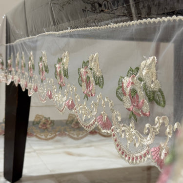 Transparent Table Cover with Rose Embroidered Frill closeup view
