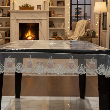 Transparent Table Cover with Round Ribbon Border | 6 Seater | Front view