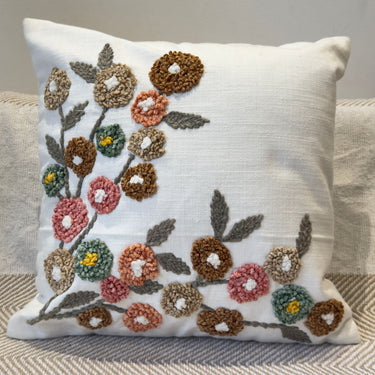 Vintage Garden Floral Embroidered Cushion Cover | Front View