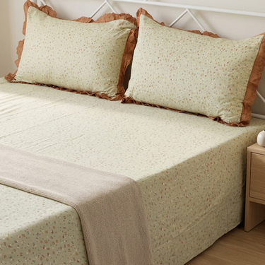 Vintage Pista Soft Cotton Feel Double Bed Bedsheet Set with Lace Detailed Pillow Covers (250 x 270 cm) | full view