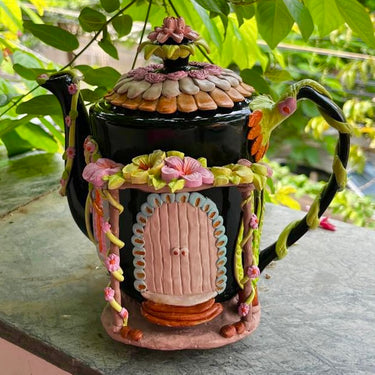 Whimsical Fairy Cottage Teapot Container| Handmade by mother | front view 